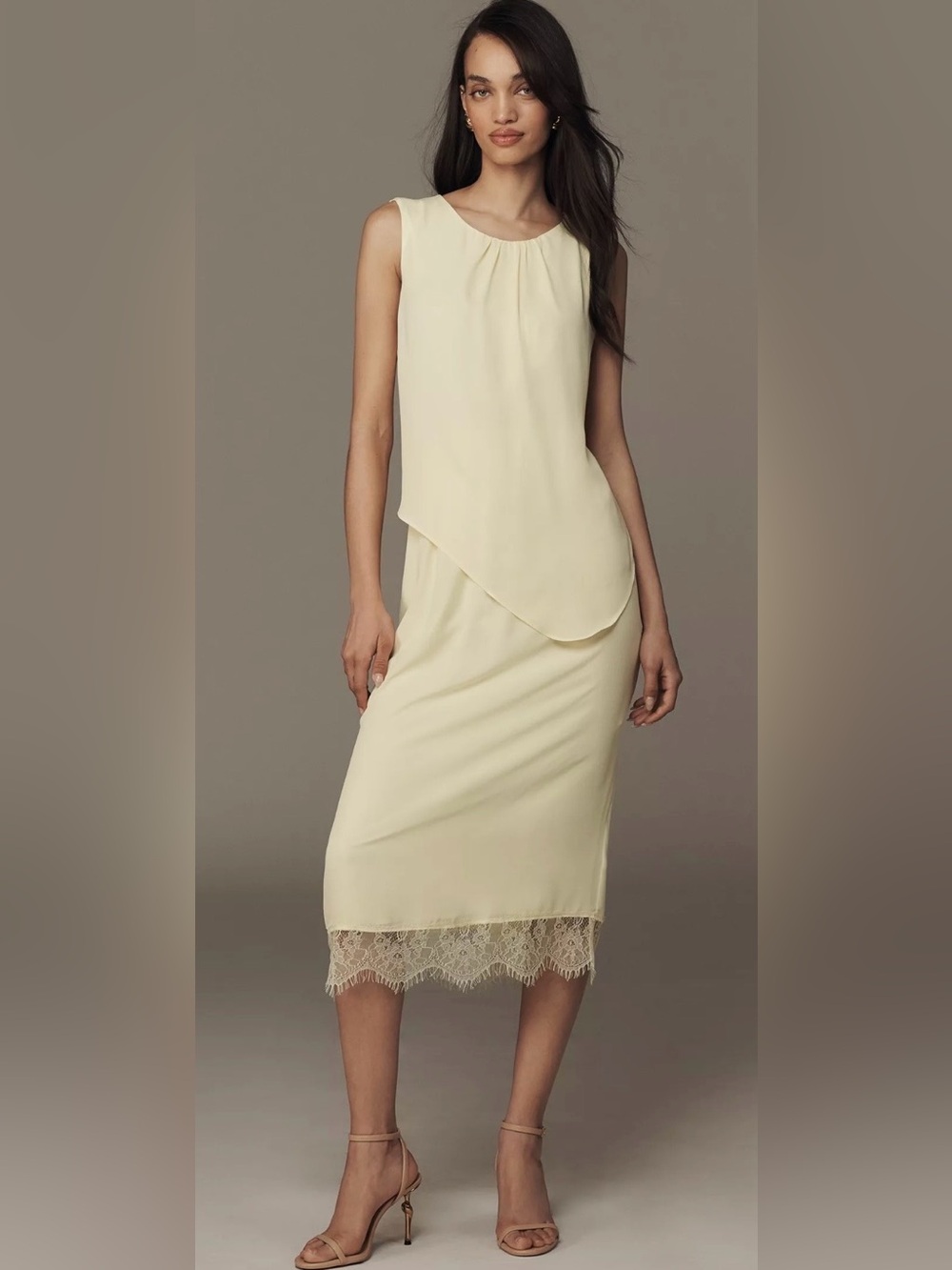 Exquise Pale Yellow Sleeveless Midi Dress with Draped Overlay